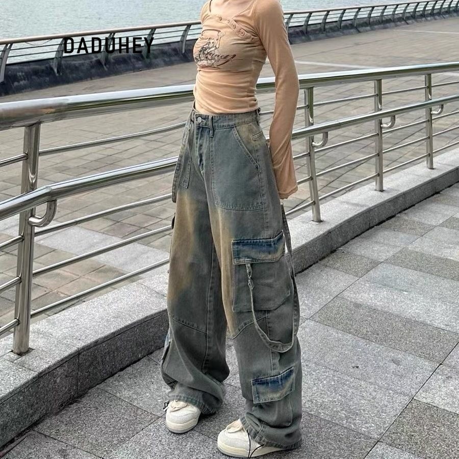 DaDuHey 2026 American High Street Retro Women's Multi-Pocket Casual Straight-Leg Loose Cargo Jeans