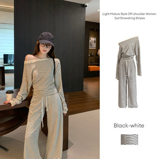 เสื้อยืดแขนยาวลายทางผูกเชือกผูกเอวสำหรับผู้หญิงสไตล์ผู้ใหญ่-…