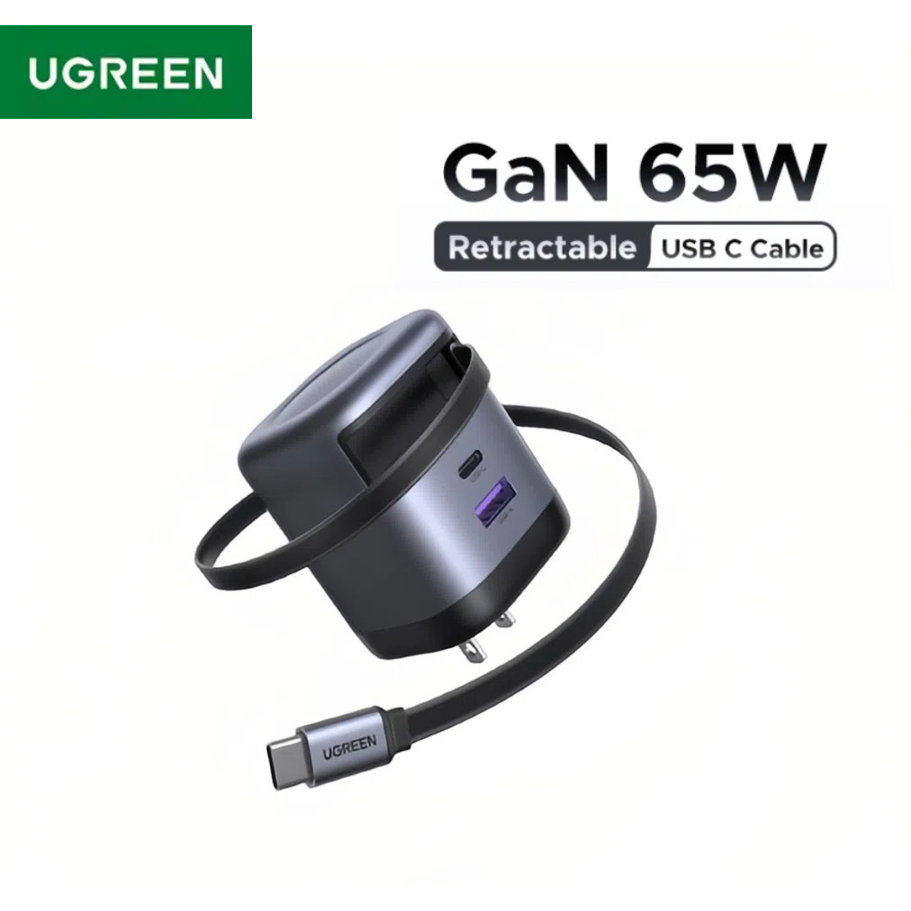 UGREEN 65W GaN Charger พร้อมสาย USB C แบบพับเก็บได้ PD Fast Charger สําหรับโทรศัพท์แล็ปท็อปแท็บเล็ต