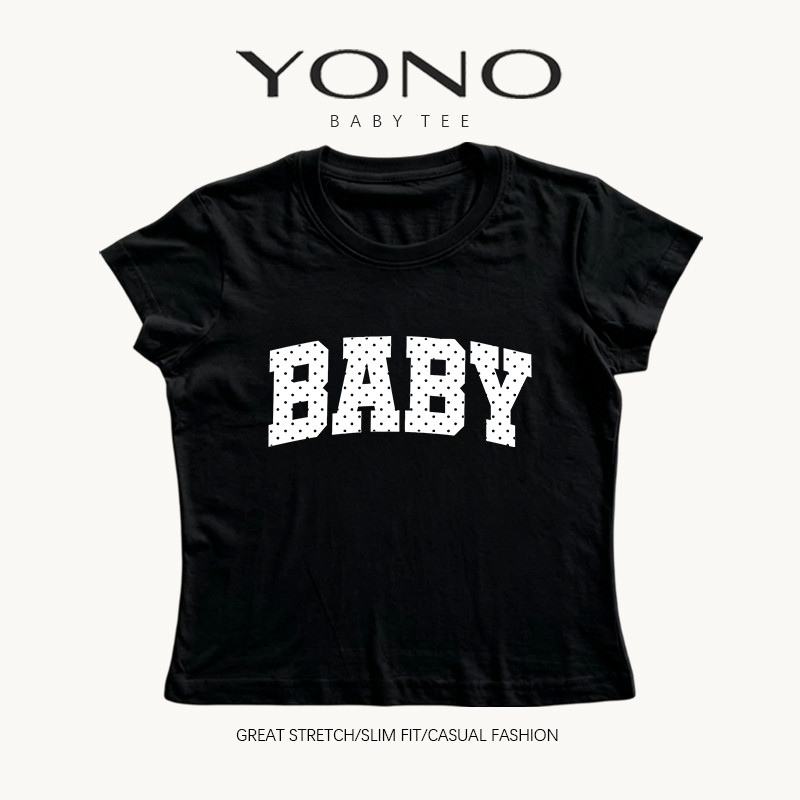 (พร้อมส่ง24ชม.) baby tee สีดำ ลายตัวอักษร BABY ลายจุด ฟีลคอลเลจหวานเท่ ทรงเข้ารูป ใส่ชิคทุกวัน