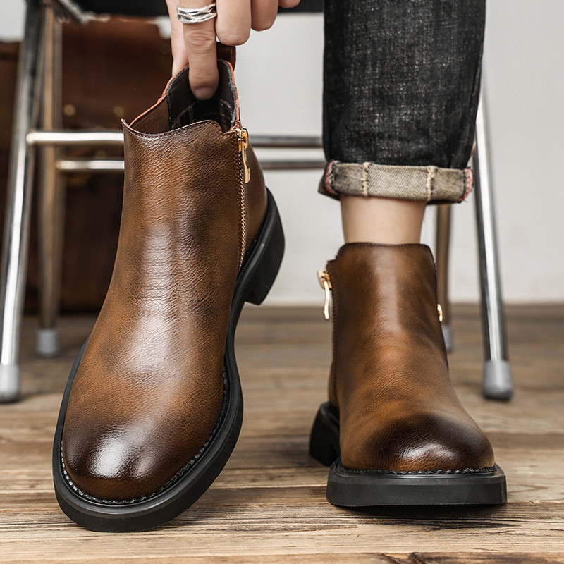 Chelsea Mens Boots High-Top Business Boots British Retro Martin Boots Side Zipper Single Boots