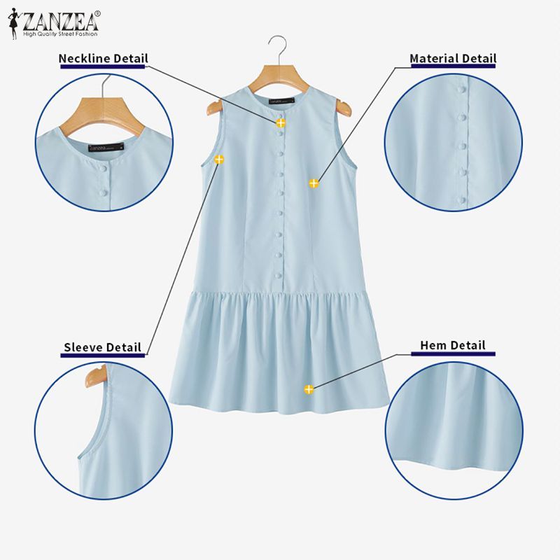 ZANZEA ใส่ ซานเซีย ผู้หญิงเกาหลีสบายๆเย็บปะติดปะต่อกันปุ่มแข็งจีบ โอ-คอแขนกุดชุดหลวม — صورة 8