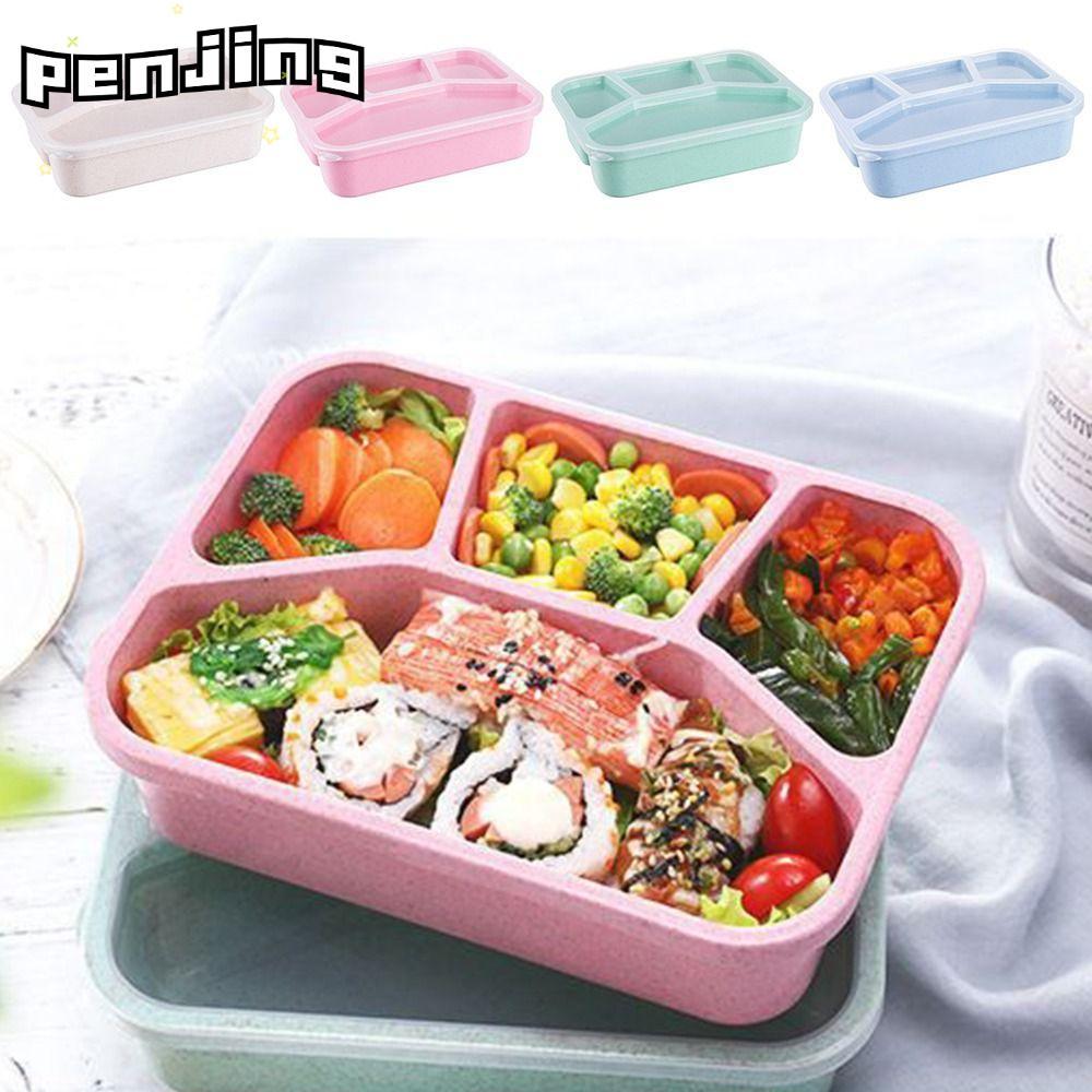 PENJING กล่องข้าวสไตล์ Japes, ช่องใส่ของหลากสีกันรั่ว Bento, คุณภาพสูง 4-ตาราง เตาอบไมโครเวฟพลาสติกก