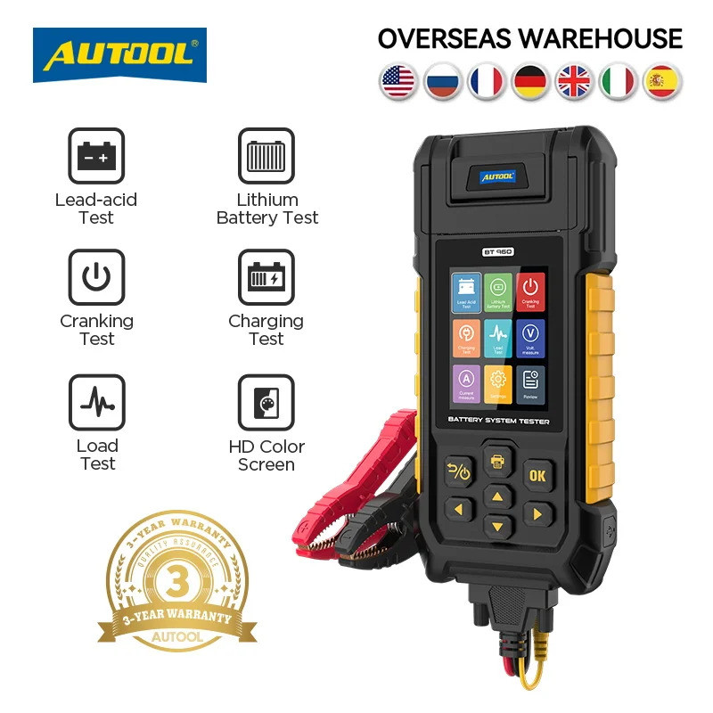AUTOOL BT960 เครื่องทดสอบแบตเตอรี่รถยนต์ 6V 12V 24V 30 ถึง 2000 CCA แบตเตอรี่เครื่องวิเคราะห์ 0-80V 
