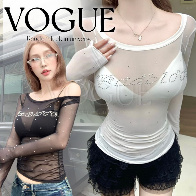 Vogue🌟พร้อมส่ง🌟 เสื้อผ้าซีทรูแขนยาวประดับคริสตัลเล็กๆ พร้อมบราข้างใน ลุคเซ็กซี่สไตล์เกาหลี (FY2965/FY866)