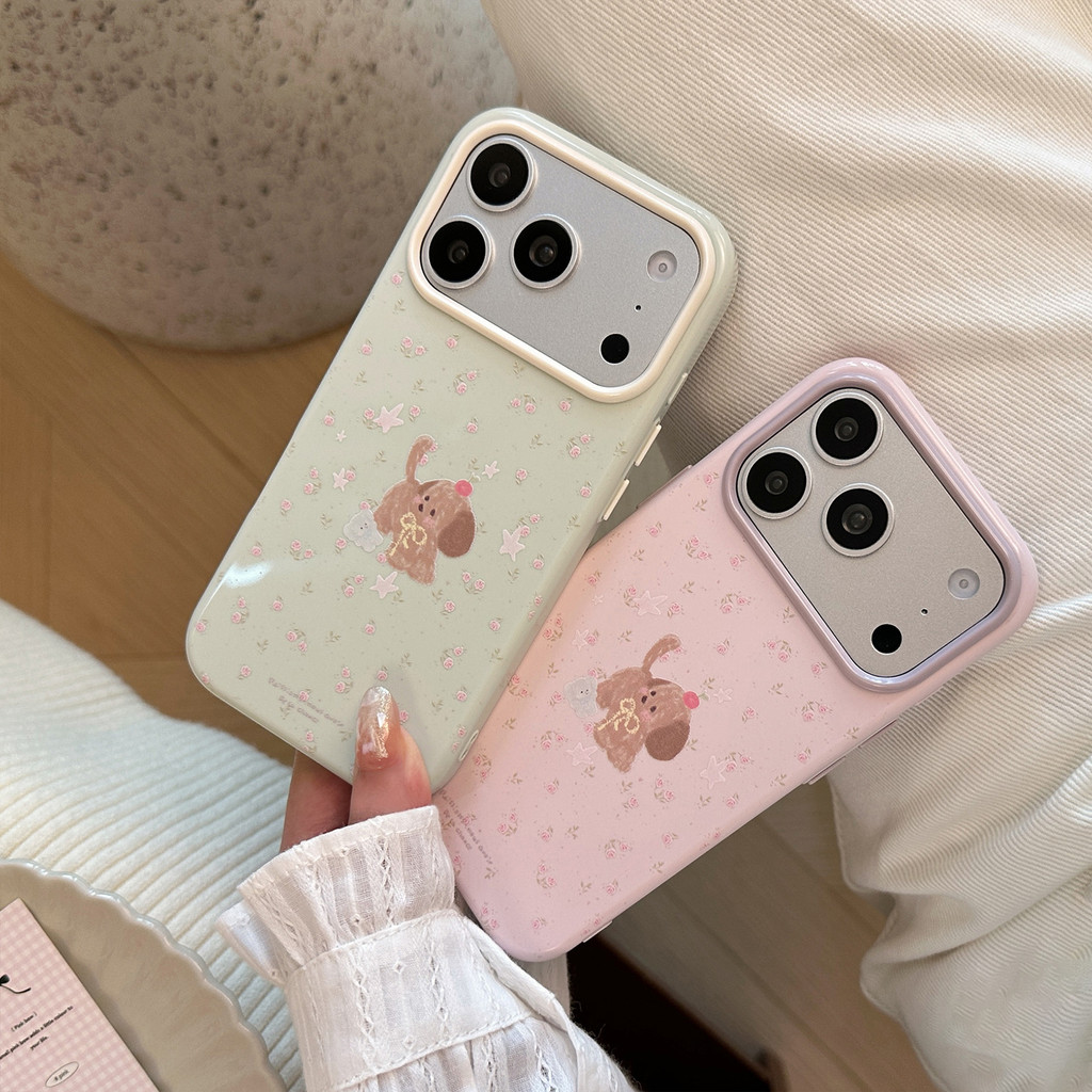 เคสโทรศัพท์ TPU ป้องกันลูกสุนัขลายดอกไม้สดเข้ากันได้กับ iPhone 12 13 14 15 16 17 Pro Max