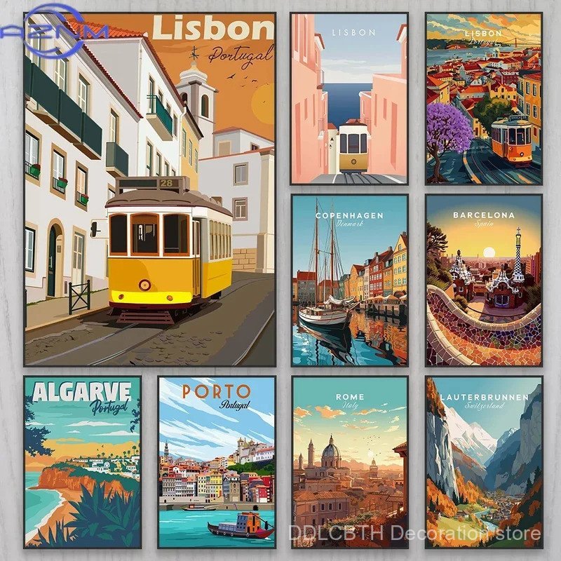 OEUS AZNM Lisbon Wall Art โปสเตอร์ Travel Art พิมพ์โปรตุเกส Minimalist ผ้าใบภาพวาด South of ฝรั่งเศส