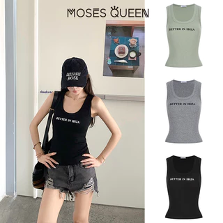 MOSESQUEEN เสื้อวงเคอลายตัวอักษรสาวฮอตสําหรับผู้หญิงเหมาะกับฤดูร้อนทรงเข้ารูปและอเนกประสงค์เสื้อแขนกุด #63795