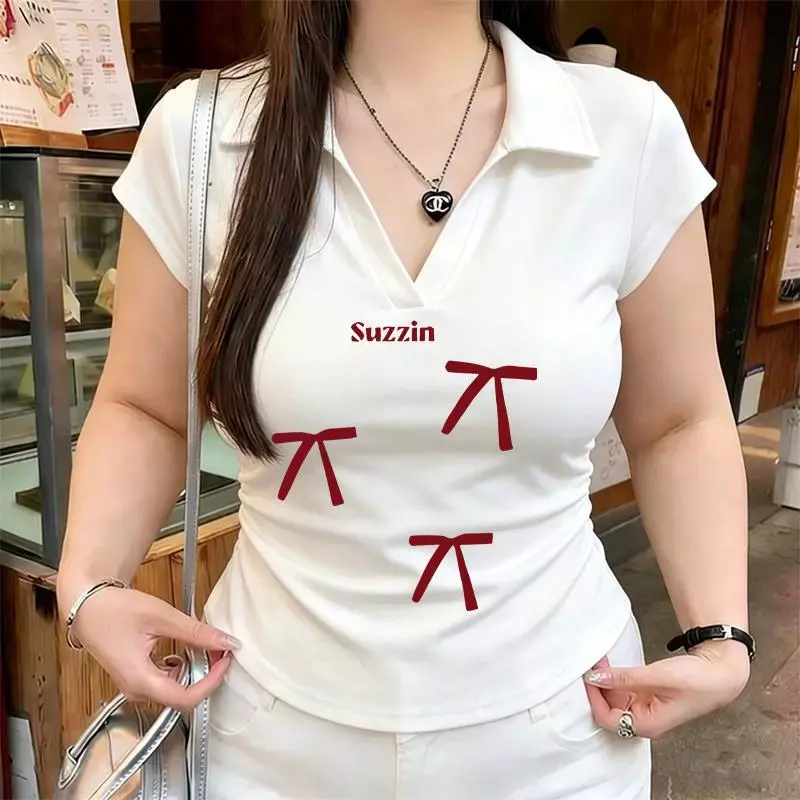 เสื้อทรงซ้อ เสื้อครอปสาวอวบ เสื้อยืดผู้หญิงทรงสลิม เสื้อเชิ้ตโบว์ เสื้อเชิ้ตโบว์ เสื้อยืดทรงจีบธรรมดาสำหรับผู้หญิง