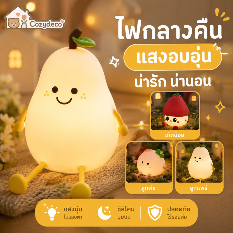 โคมไฟซิลิโคน รูปผลไม้ ไฟสัมผัส หรี่ไฟได้ สามระดับ แสงวอร์ม ตั้งเวลาปิด ชาร์จยูเอสบี