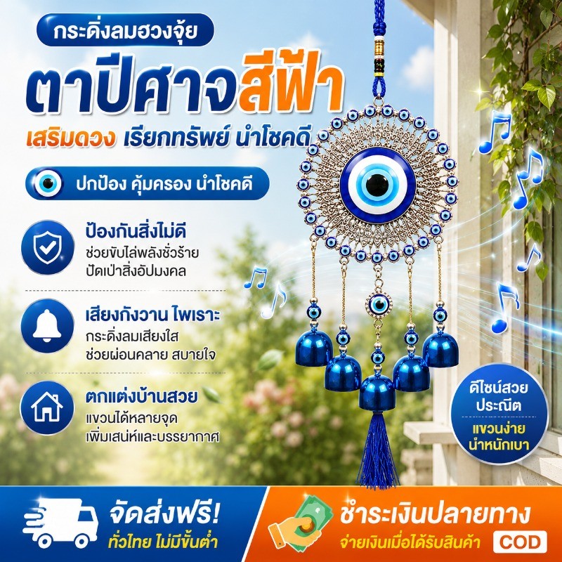 พร้อมส่ง กระดิ่งลม กระดิ่งลมฮวงจุ้ย ดวงตาปีศาจ สีฟ้า EVIL EYE เสริมดวงชะตา เรียกทรัพย์ นำโชคดี