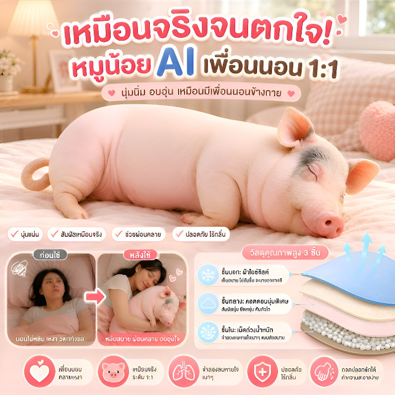 NEW ตุ๊กตาหมู AI เสมือนจริง หมอนกอดนุ่ม ตุ๊กตาน่ารัก ใช้กอดนอน ของขวัญวันเกิด