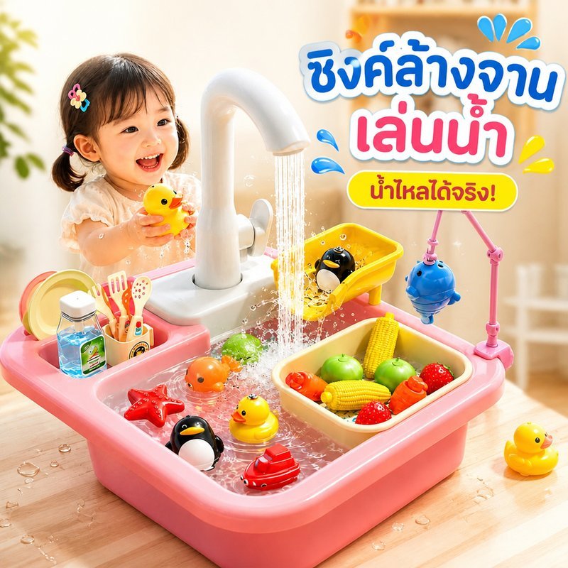 ของเล่นซิงค์ล้างจานเด็ก น้ำไหลจริง ระบบหมุนเวียนอัตโนมัติ ชุดอุปกรณ์ครัวครบ ของเล่นบทบาท