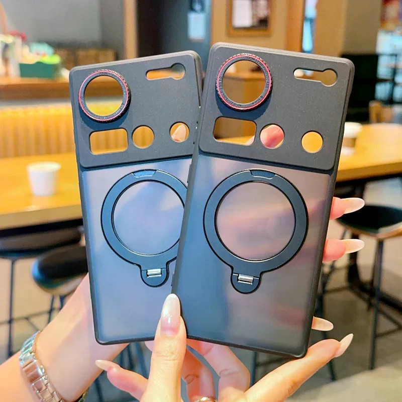 Nubia Z70S Z70 Ultra Magnetic Holder โปร่งใสสีดําวงกลมสีแดงเลนส์ Fine Hole ป้องกันสําหรับ Nubia Z70S