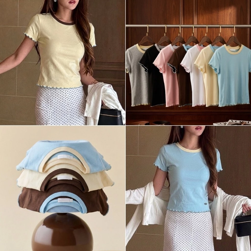 cherryshop พร้อมส่ง เสื้อยืดผู้หญิงแขนสั้นคอกลมสไตล์เกาหลีมินิมอลแบบสลิมผสมสีสำหรับหน้าร้อน