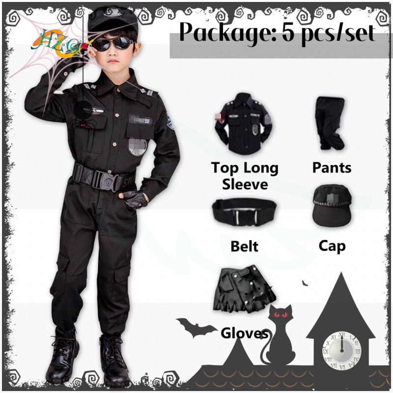 HZG  ฮาโลวีนชุดตำรวจเด็ก หน่วยคอมมานโด หน่วยจู่โจม ชุดอาชีพเด็ก Camouflage ชุดเด็กทหาร SWAT เครื่องแต่งกายการจราจร SWAT