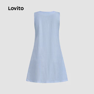 Lovito แคชชวล เดรสผู้หญิงสีฟ้าอ่อน แต่งกระดุมด้านหน้า สไตล์ มีลายเส้น ใส่สบาย เหมาะสําหรับฤดูใบไม้ผลิและฤดูร้อน L178ED1484