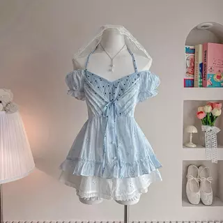 Polkadot flower เสื้อแขนตุ๊กตา ปาดไหล่ กระโปรงน่ารัก มีขายแยก / ลูกค้าได้โปรดอ่านสัดส่วนก่อนกดสั่งซื้อ) t70+t66