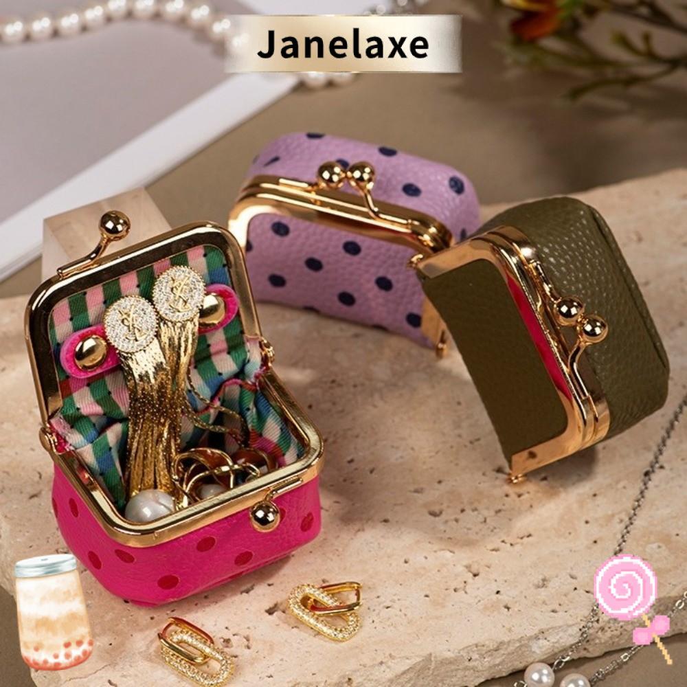 JANELAXE กระเป๋าสตางค์ใบเล็ก, กระเป๋าใส่เหรียญลายจุดหนัง PU, กระเป๋าเครื่องประดับขนาดเล็ก Kiss Lock องค์กรอุปกรณ์เสริม