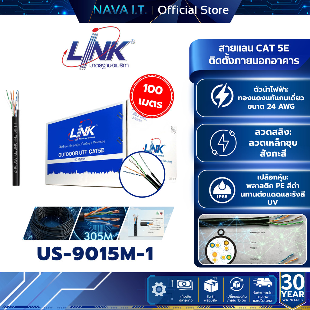 LINK US-9015M-1 CAT5E UTP PE OUTDOOR W/DROPWIRESINGLE JAC (100M) BLACK LAN CABLE ประกัน 30 ปี