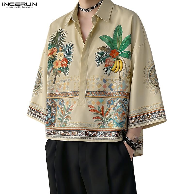 INCERUN ผู้ชายวันหยุดเกาหลีสไตล์ Turn-Down-Collar 3/4 Sleeve พิมพ์เขตร้อนเสื้อหลวม Fit