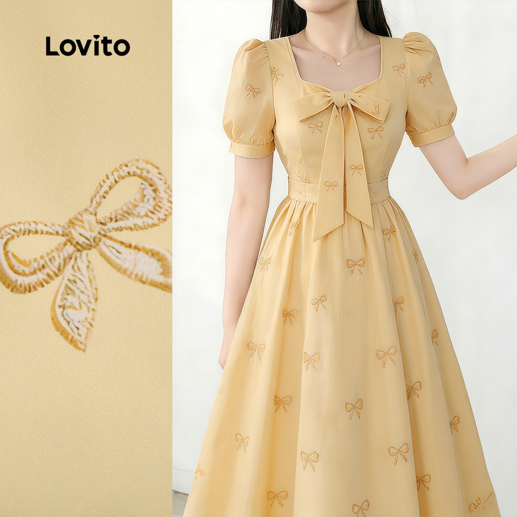 Lovito เดรสผู้หญิงสีเหลืองอ่อนผูกหน้า ลายเท็กซ์เจอร์ สําหรับฤดูใบไม้ผลิและฤดูร้อน สง่างาม L190ED585