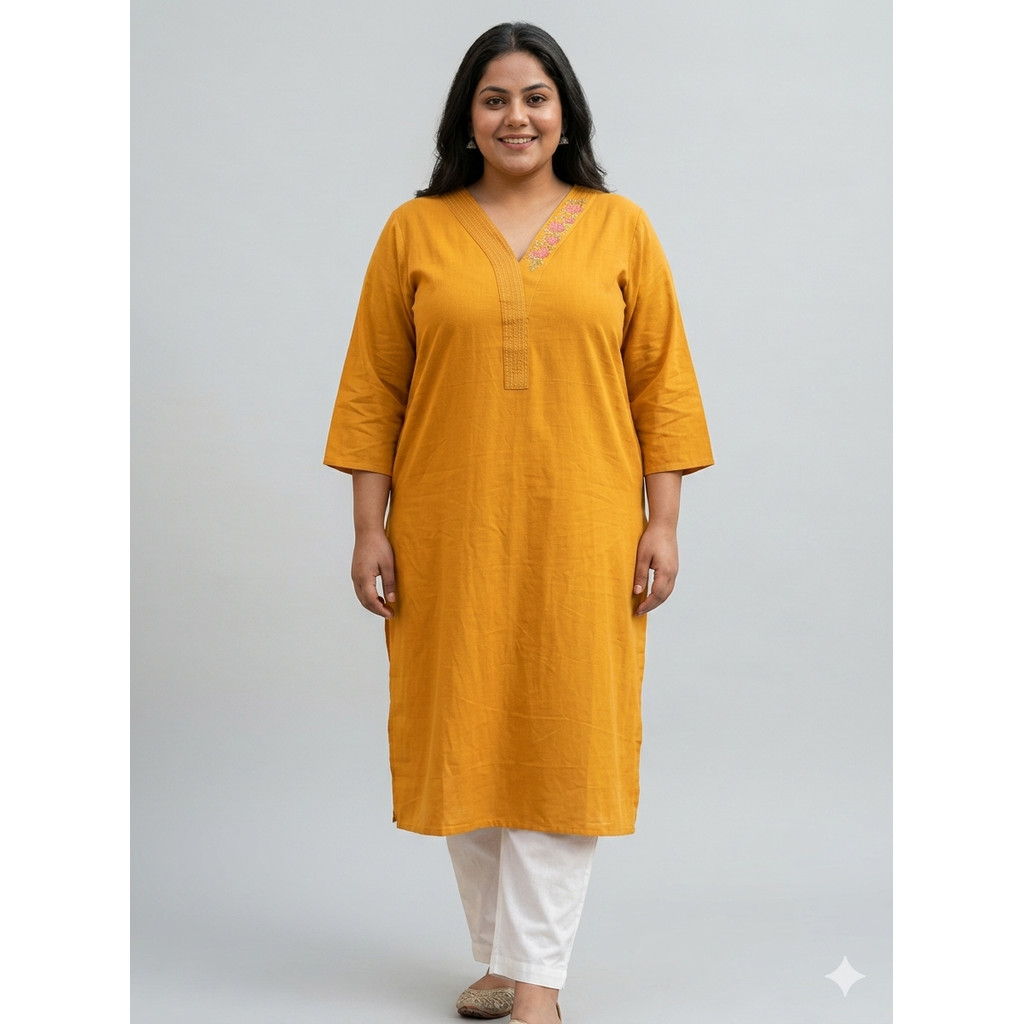 DEBAYU Plus Size Cotton Straight Kurti Top with ปัก Neckline Size 4XL ถึง 8XL