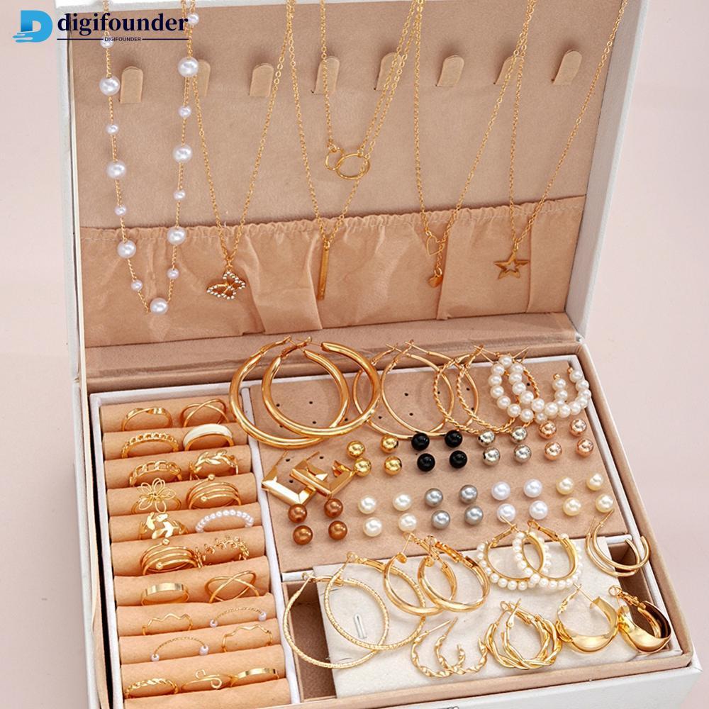 DIGIFOUNDER Butterfly Heart Pearl ชุดเครื่องประดับต่างหูสร้อยคอแหวน Combo แฟชั่นอเนกประสงค์อินเทรนด์