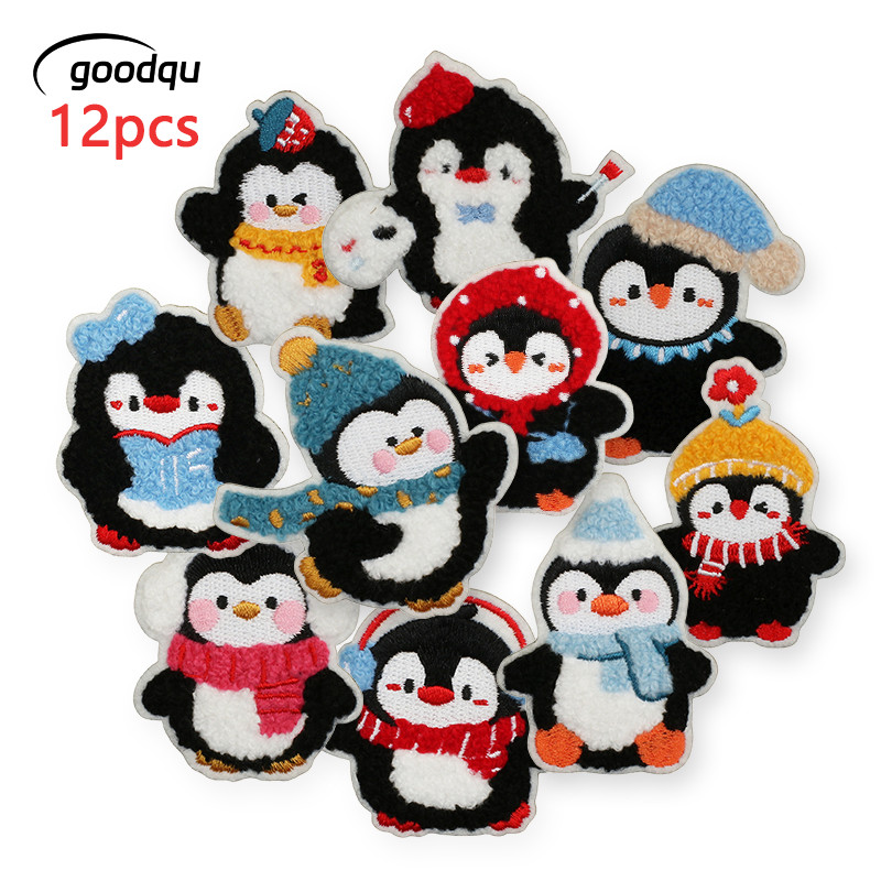 12pcs Anime Penguin Chenille แพทช์สําหรับเสื้อผ้าเหล็กตาม Lot ปักเย็บ Patch Diy เด็กสัตว์สติกเกอร์แจ็คเก็ต Thermocollant