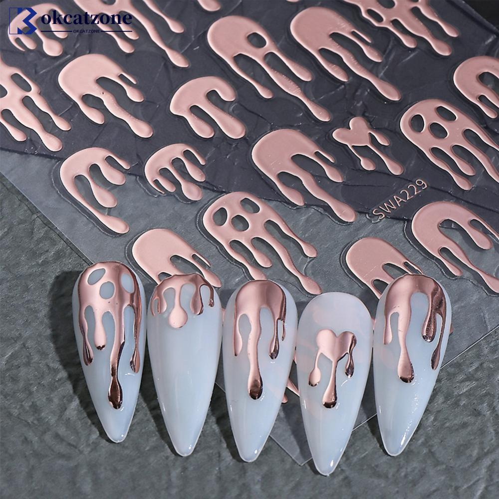 OKCATZONE ฮาโลวีนเล็บโลหะสติกเกอร์ Rose Gold Silver เลเซอร์เลือด Water Drop Love Skull ออกแบบเล็บ De