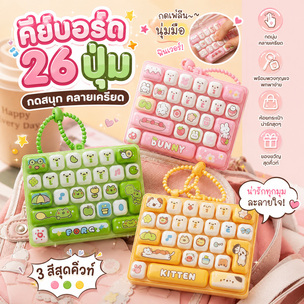 COD พวงกุญแจคีย์บอร์ด 26 ปุ่ม ลายการ์ตูน ของเล่นกดคลายเครียด ตกแต่งกระเป๋าได้ทุกสไตล์