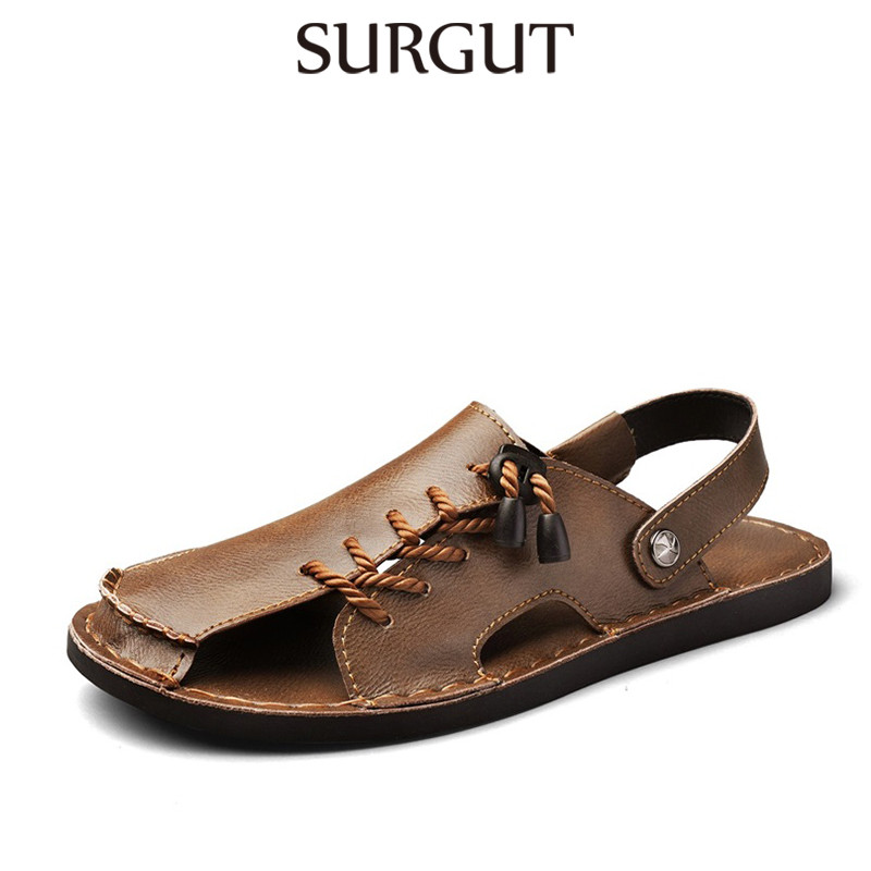 ​SURGUT รองเท้าแตะผู้ชายฤดูร้อนหนังนุ่มยืดหยุ่นน้ําหนักเบาสบายวินเทจอินเทรนด์ขนาดใหญ่ 38-48