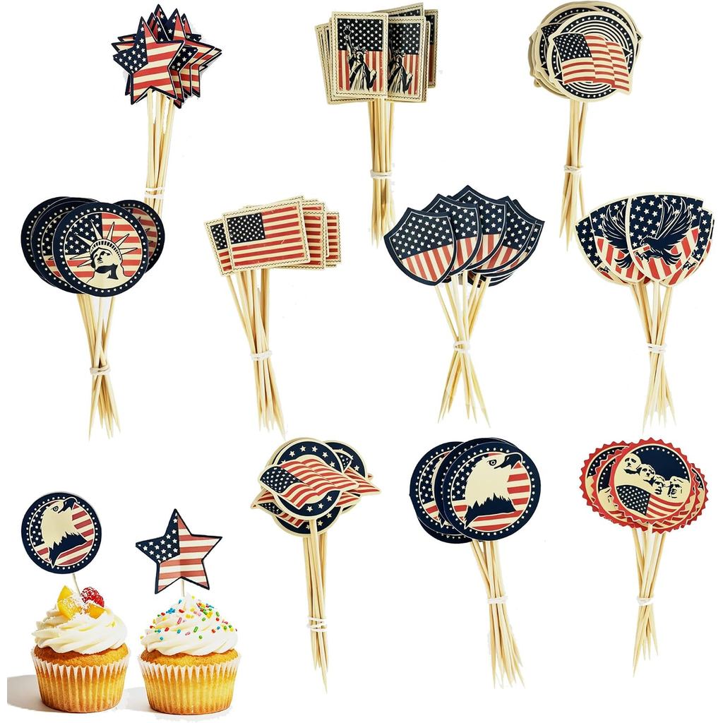 Uptotop 100 Pack 4th of July Cupcake Toppers - ปิ๊กเค้กรักชาติ, 10 ออกแบบ US Flag Eagle Star รูปปั้น