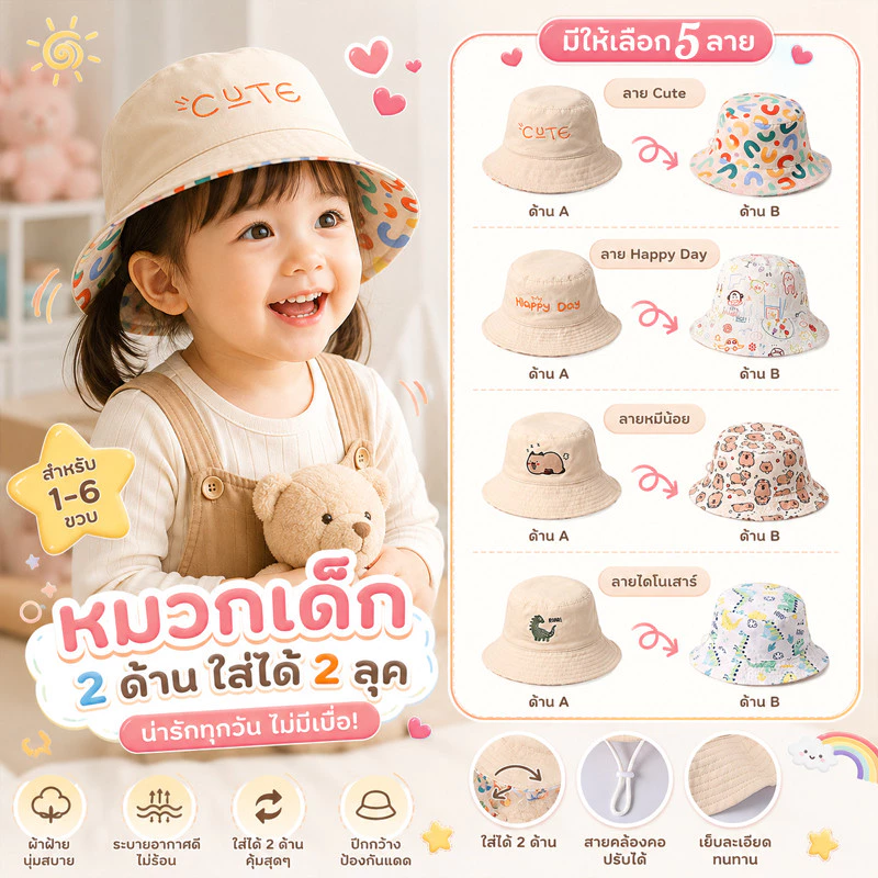COD หมวกกันแดดเด็ก หมวกเด็กกันแดด พลิกกลับสวมได้ 2 ด้าน พร้อมสายคล้องคอกันลมพลิกกลับได้ สําหรับเด็กผู้ชาย และเด็กผู้หญิง