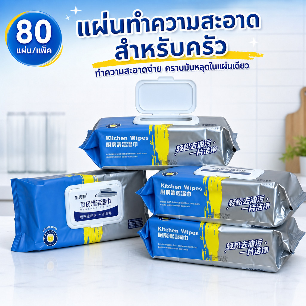 ทิชชู่เปียกสำหรับห้องครัว ทำความสะอาด เช็ดคราบมัน จาน เครื่องใช้ กลิ่นหอมกลิ่นเลมอน 80 แผ่น/แพ็ค