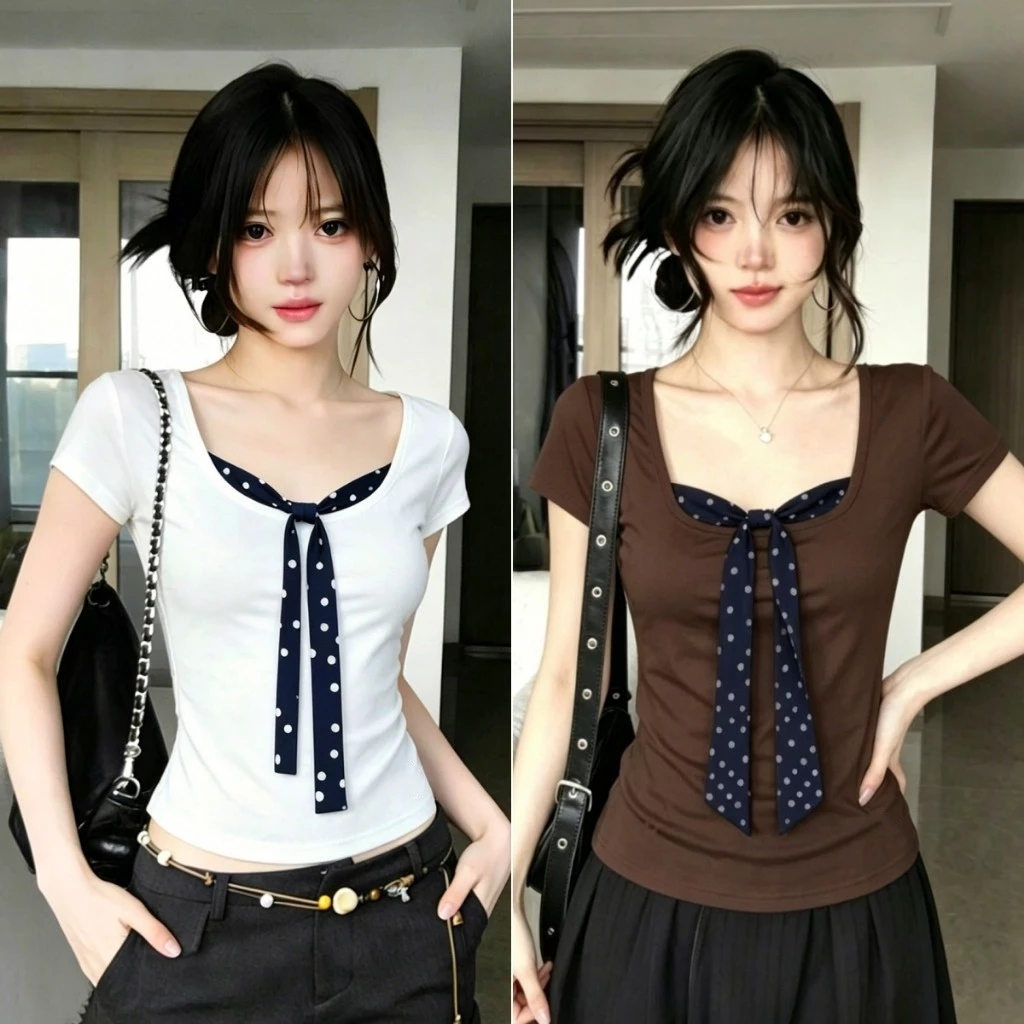 Hotgirl พร้อมส่ง เสื้อยืดแขนสั้นสองชิ้นสำหรับผู้หญิง เสื้อยืดทรงเข้ารูปสวยงาม ดีไซน์ผูกเชือกแบบลายจุดสไตล์เกาหลี