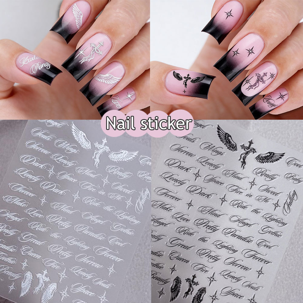 Y2K Angel สีดําสีขาว 3D สติ๊กเกอร์ติดเล็บ Letter Words Decals การออกแบบผสม DIY ตกแต่งเล็บอุปกรณ์เสริ