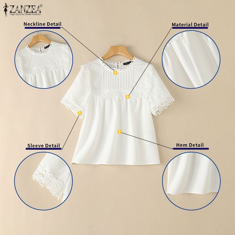 ZANZEA ผู้หญิงเกาหลีประณีต Chic รอบคอแขนสั้นลูกไม้ Patchwork Pleats ธรรมดาเสื้อ — صورة 7