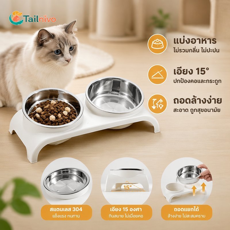 ชามอาหารสัตว์เลี้ยงชุดคู่สแตนเลสแทรกเอียงคอสนับสนุนไม่ลื่นฐานทําความสะอาดง่าย