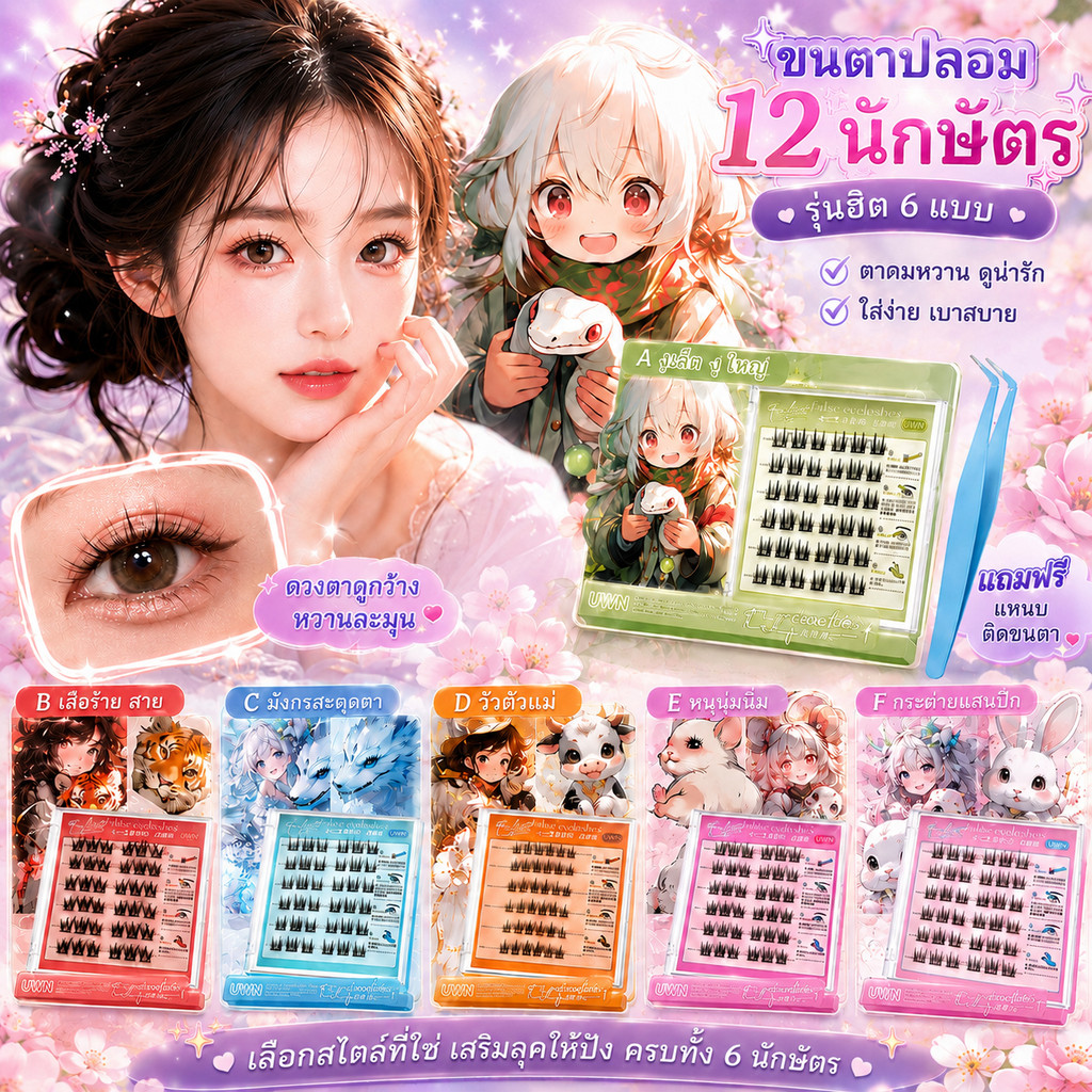 ขนตาปลอม 3D ซีรีส์ 12 นักษัตร มีกาวในตัว ไม่ต้องใช้กาว ติดง่าย ติดแน่น ขยายตา ใช้ซ้ำได้ เหมาะสำหรับมือใหม่ 30/36 ช่อ