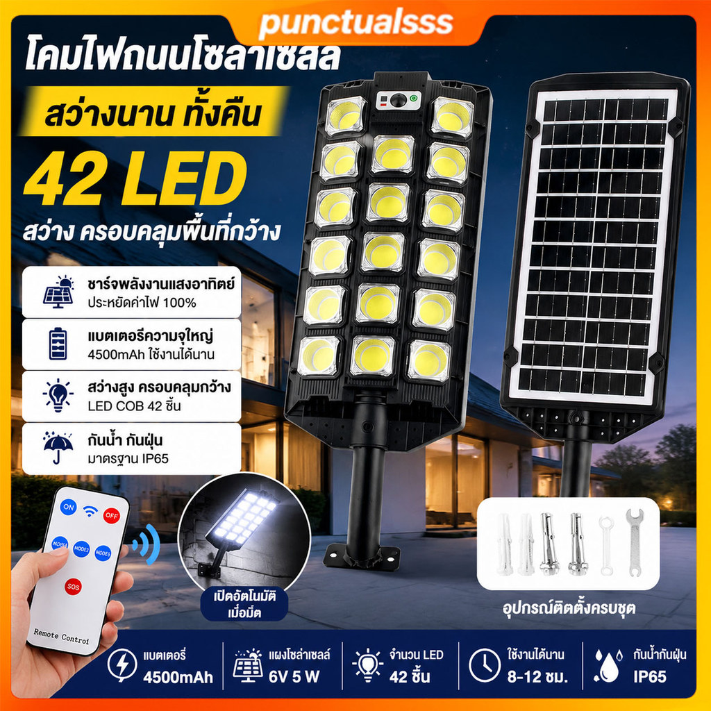 ไฟถนนโซล่าเซลล์ LED 100W-400W โคมไฟติดผนัง เซ็นเซอร์อัจฉริยะ กันน้ำ IP67 สว่างพิเศษ