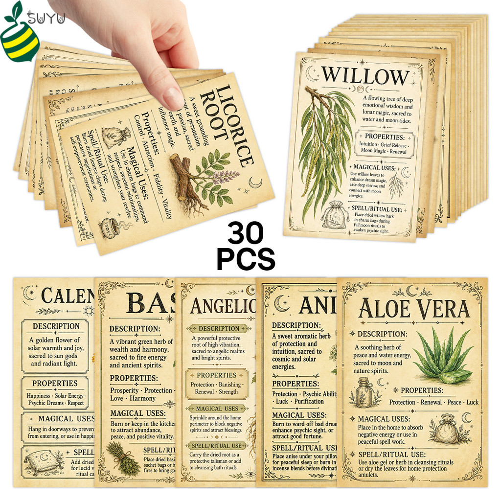 30 ชิ้น Vintage Herb Witchcraft การ์ด Magic Spell Ritual Reference การ์ดชุด Pagan Wiccan อุปกรณ์แท่นบูชาตกแต่ง Botanical Journal Epmera Pack สําหรับปฏิทิน Calendula Basil Mint