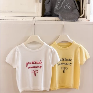PRETTY BABY เสื้อยืดเด็ก เสื้อแขนตุ๊กตา เสื้อไหมพรม งานปักอักษรโบว์(2358)