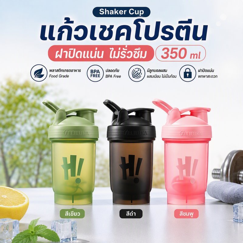 แก้วเชคโปรตีน Shaker Cup พลาสติก Food Grade BPA Free ฝาปิดแน่น มีบอลผสม เวย์ เชคเกอร์ 350 ml