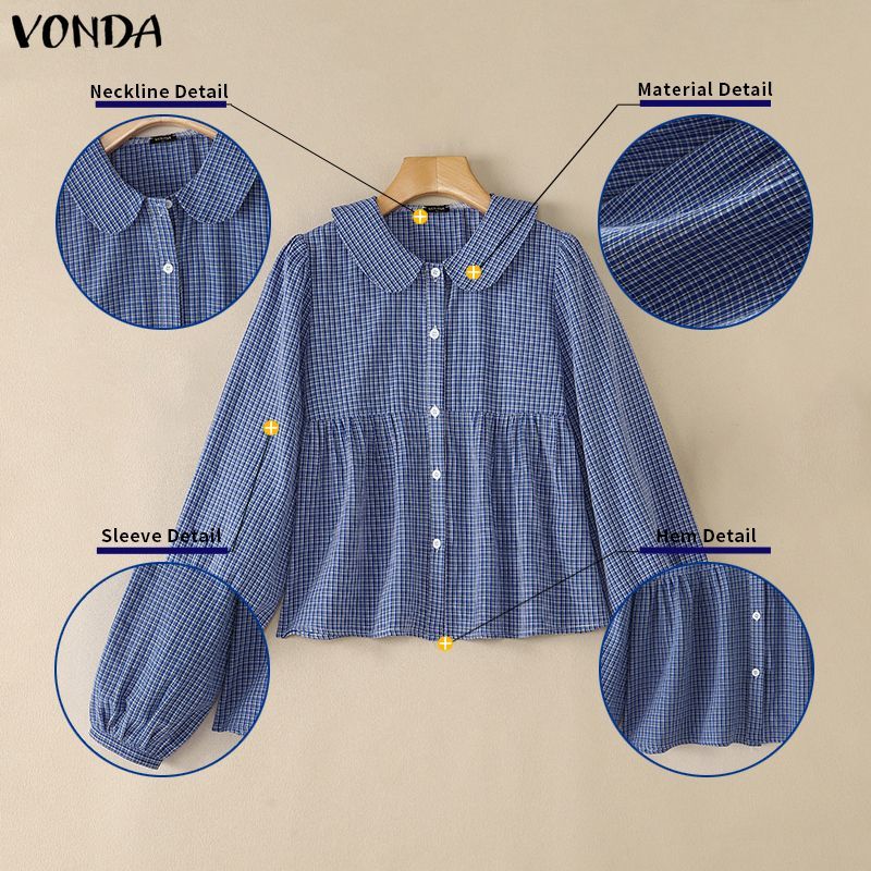 Vonda ผู้หญิงเกาหลีขนาดบวกอเนกประสงค์ลายสก๊อต Peter Pan Collar เสื้อเชิ้ตแขนยาวหลวม — صورة 7