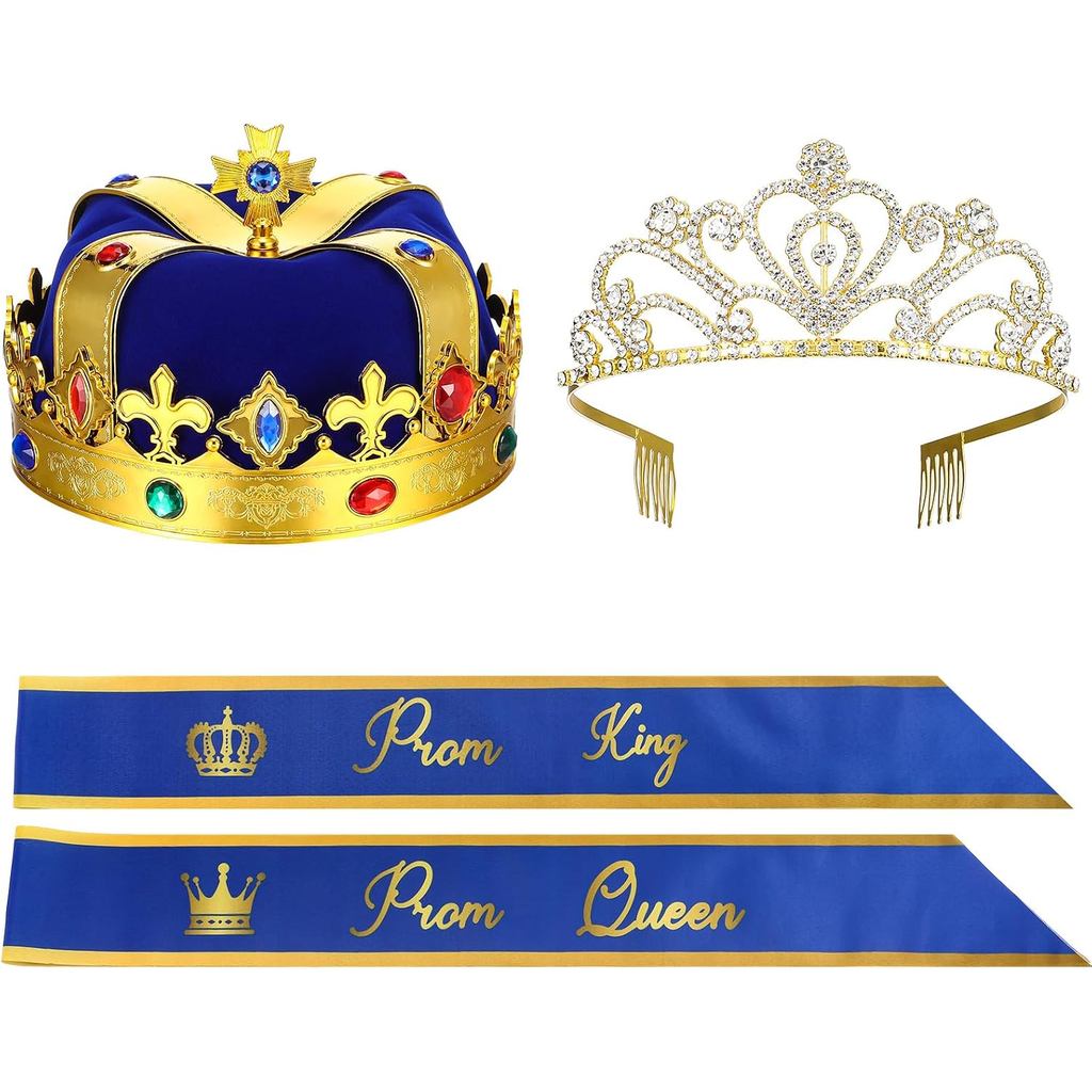 Saintrygo 4 ชิ้น Prom Crowns และ Sashes ชุด King และ Queen Tiara Crowns ซาติน Sash 80s Party สําเร็จ