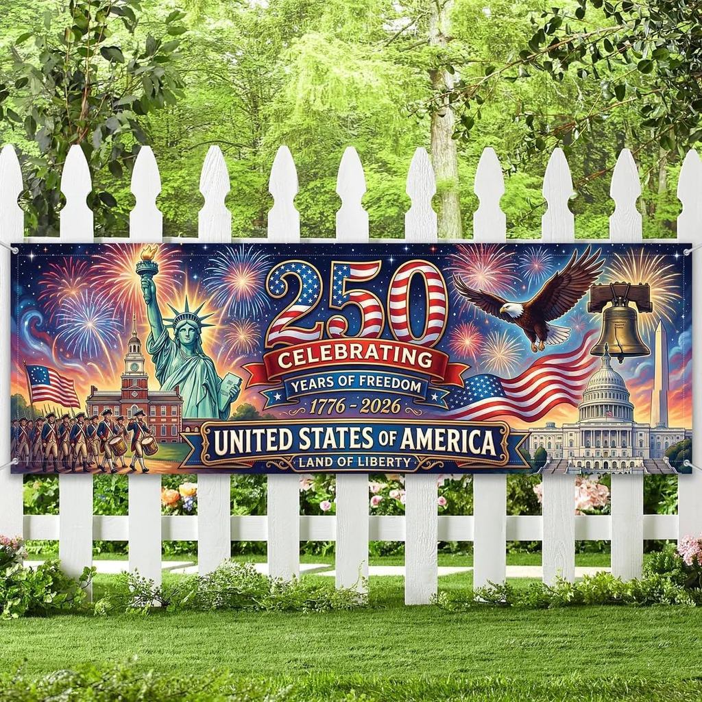 250th Anniversary USA Flag 4th of July ตกแต่ง, 120 "x 20" Freedom 250 ปีวันเกิด 1776-2026 อเมริกันแบ