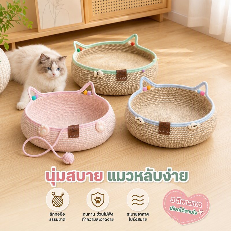 ตะกร้าแมวนอน สานมือ เชือกฝ้ายผสมหวาย ระบายอากาศ ที่ลับเล็บ ที่นอนแมว มินิมอล