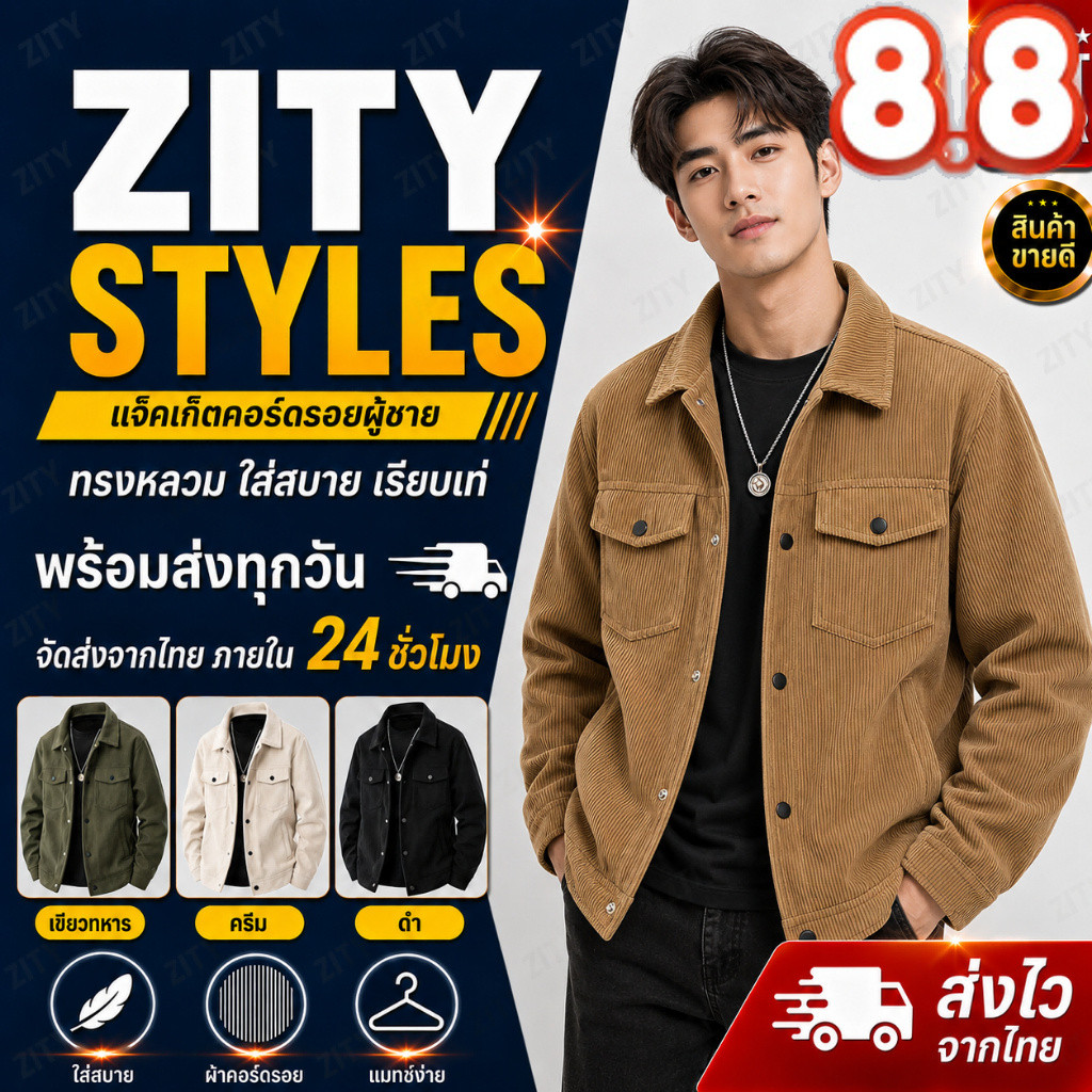 ZITY แจ็คเก็ตผู้ชาย Retro ทำจากผ้าลูกฟูก 4 สีเลือก สไตล์มินิมอล ผู้ชายทุกวัย