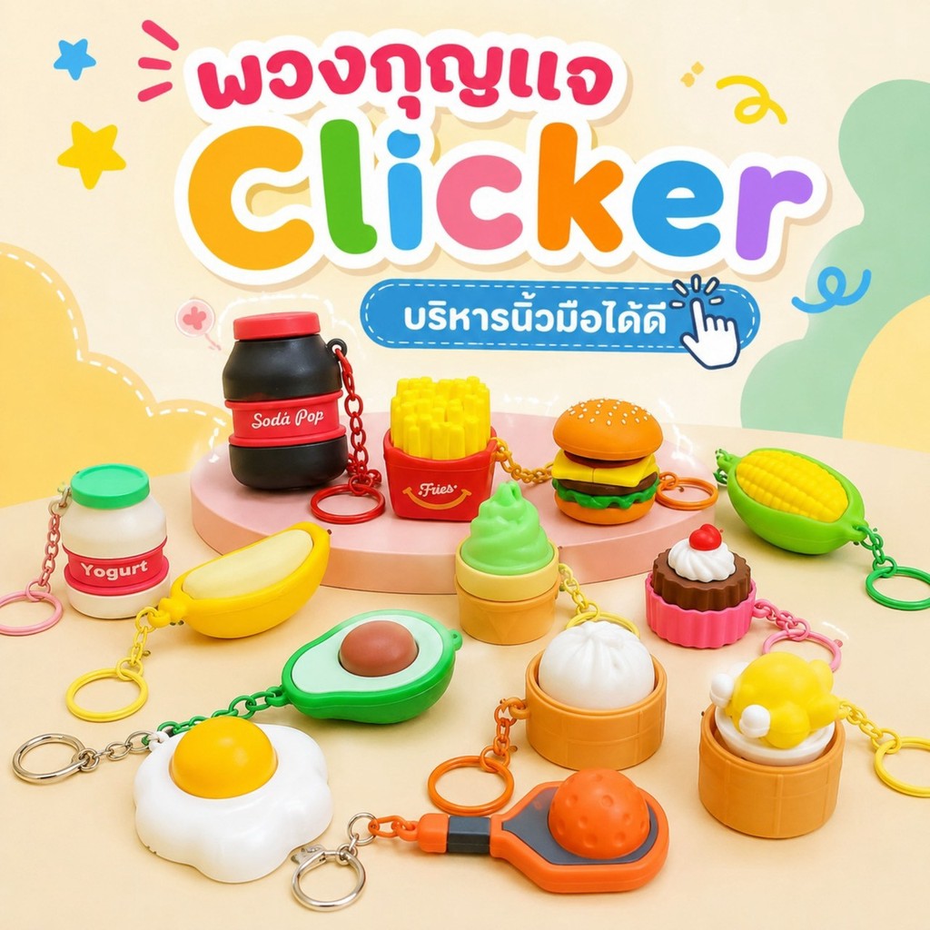 พวงกุญแจปุ่มกด คลิกเกอร์ พวงกุญแจปุ่มคีย์บอร์ด ปุ่มกดผ่อนคลาย เบอร์เกอร์/เฟรนช์ฟราย/พิซซ่า ดีไซน์น่ารัก พร้อมส่งจากไทย